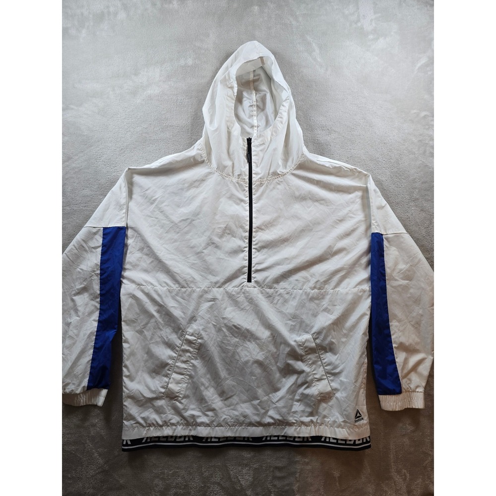 Reebok Jacket Mens L White Blue 1/2 Zip Lightweight Hood Anorak Pockets *Read